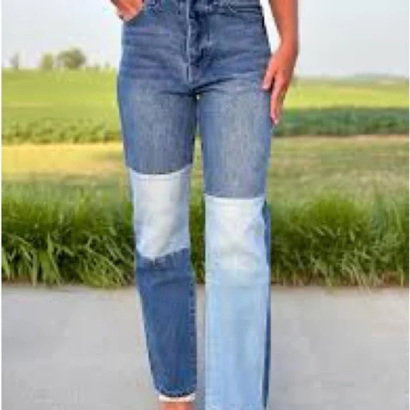 KanCan Rebekah Ultra High Rise 90s Straight Leg Patchwork Jeans, Size 11/29 Boho - Picture 1 of 6